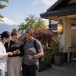 Travelers checking onsen opening hours near Lake Yamanakako with Mt. Fuji in the distance