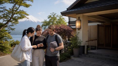 Travelers checking onsen opening hours near Lake Yamanakako with Mt. Fuji in the distance