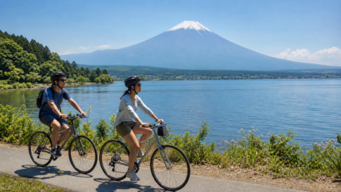 Two travelers cycling beside Lake Yamanaka with Mount Fuji across the water