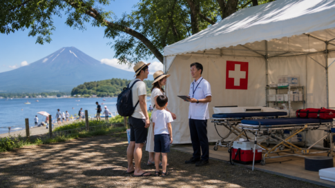 Family speaking with staff at a lakeside first-aid station in Yamanakako for a summer visitor update