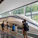 Families viewing a sleek stationary maglev exhibit inside a modern railway museum