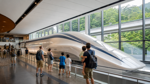 Families viewing a sleek stationary maglev exhibit inside a modern railway museum