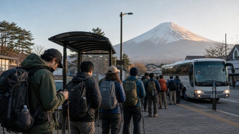 Hikers waiting for the Yoshida Trail access bus from Kawaguchiko