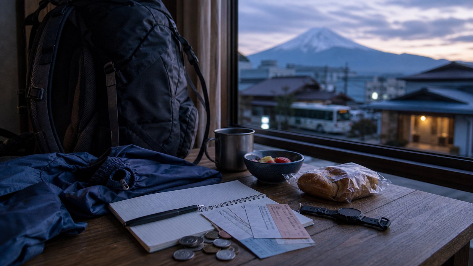 Hiking backpack, blank itinerary, and compact breakfast before an early Mt. Fuji bus