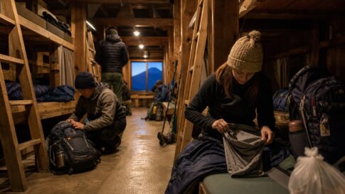 Inside a mountain hut on Mt. Fuji for a Yoshida Trail booking and planning guide