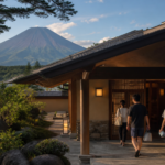 Travelers entering a quiet Japanese day-use hot spring near Lake Yamanaka and Mount Fuji
