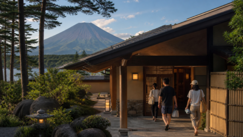 Travelers entering a quiet Japanese day-use hot spring near Lake Yamanaka and Mount Fuji