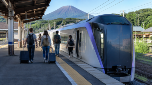 Text-free white limited-express train at a Japanese platform with travelers and snow-free Mount Fuji