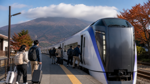 Text-free white limited-express train boarding at an autumn platform near cloud-covered Mount Fuji
