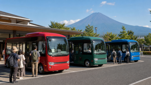 Three unbranded compact sightseeing buses in red green and blue with travelers boarding below snow-free Mount Fuji