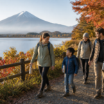 Family group walking beside Lake Kawaguchiko under autumn leaves with bare Mount Fuji in the distance