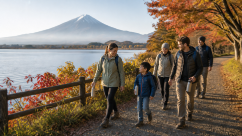 Family group walking beside Lake Kawaguchiko under autumn leaves with bare Mount Fuji in the distance