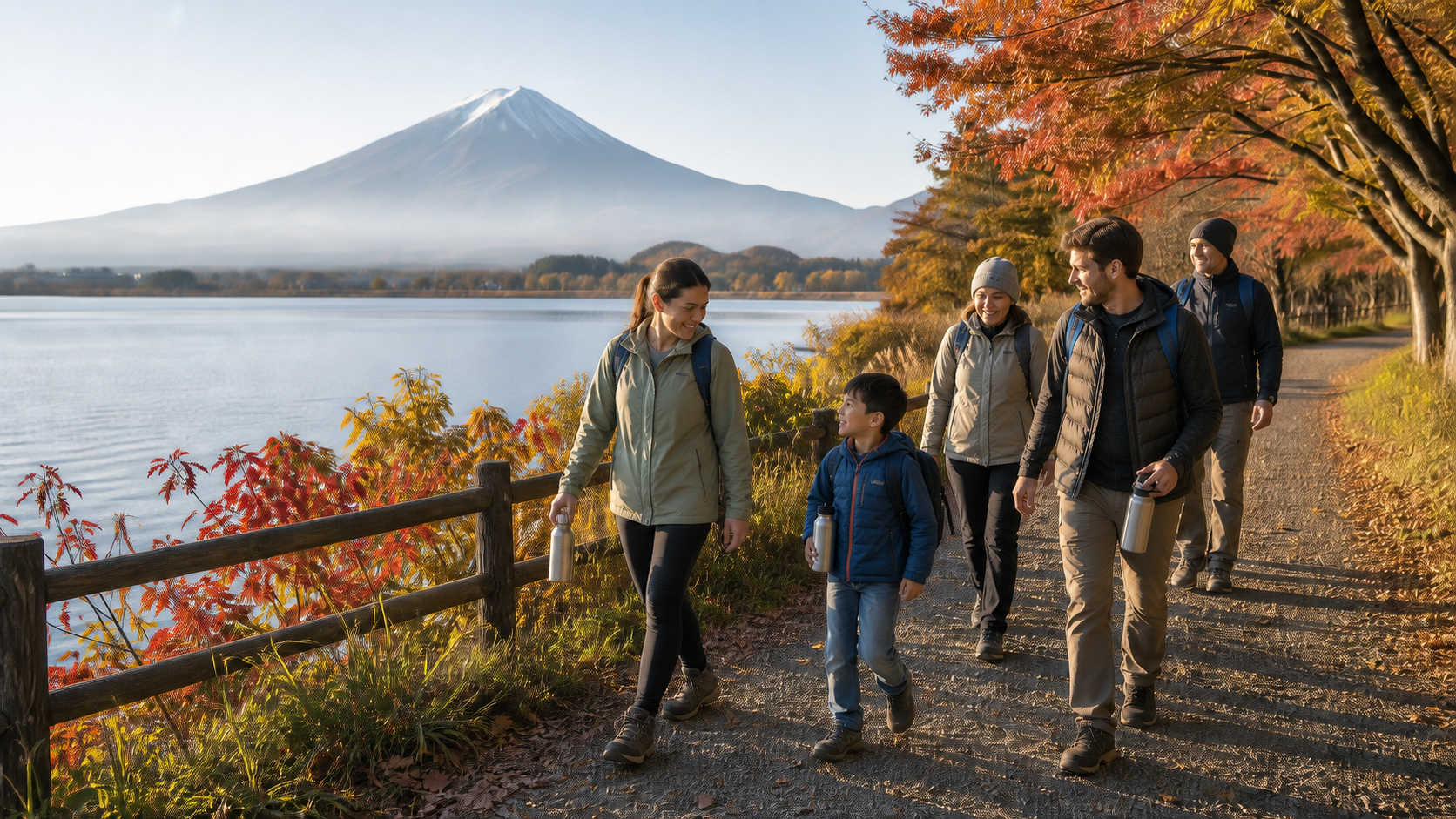 Family group walking beside Lake Kawaguchiko under autumn leaves with bare Mount Fuji in the distance