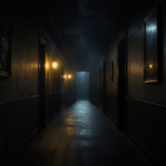 An empty dimly lit corridor suggesting an evening haunted-house attraction