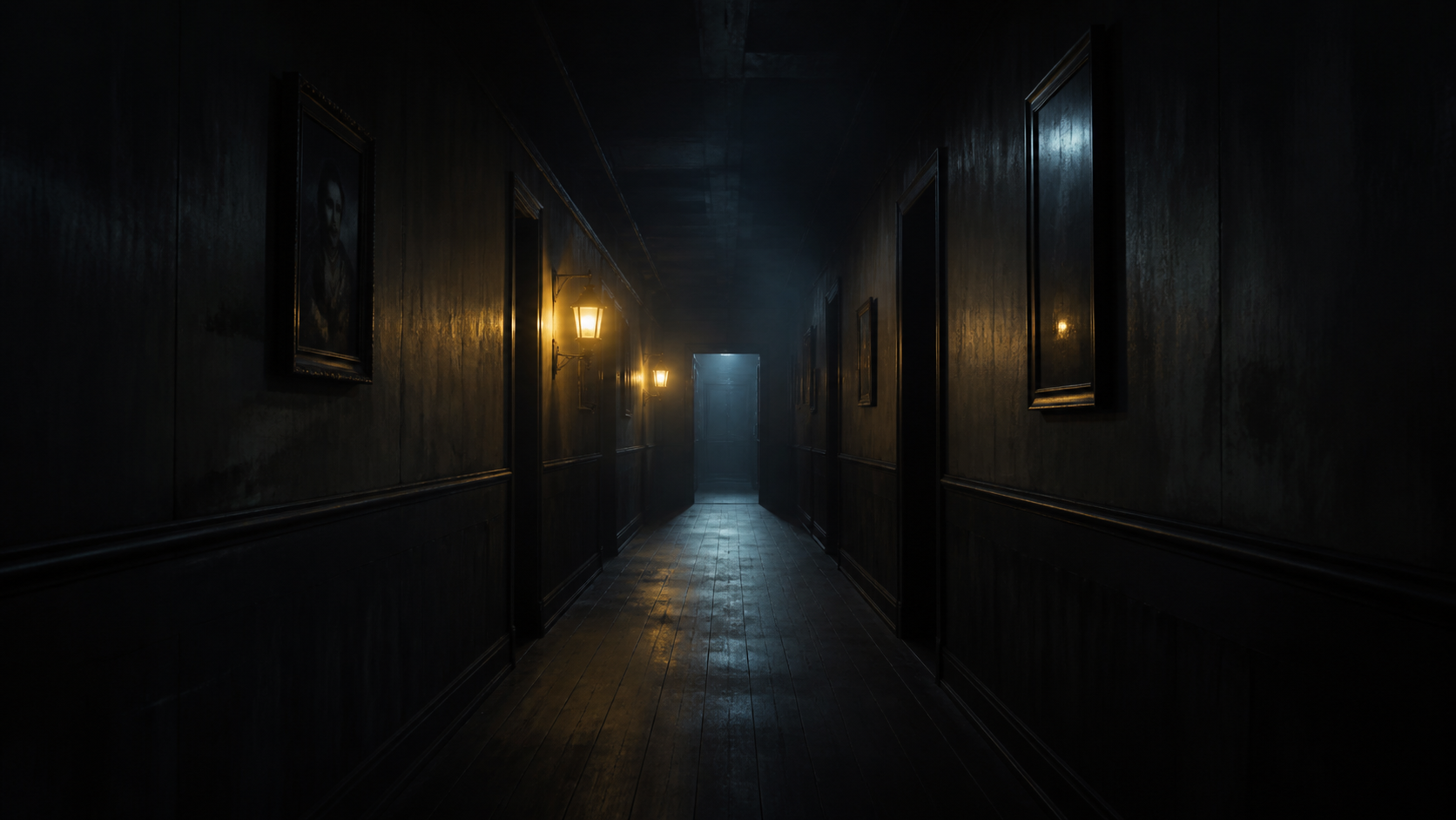 An empty dimly lit corridor suggesting an evening haunted-house attraction