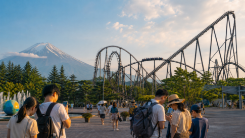 Travelers planning a summer amusement park visit beside a roller coaster and Mount Fuji