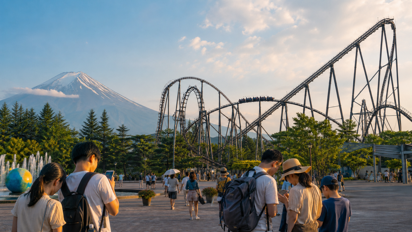 Travelers planning a summer amusement park visit beside a roller coaster and Mount Fuji