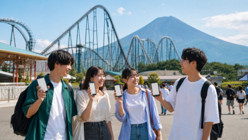 Text-free group of university-age friends holding blank smartphone tickets in front of a roller coaster and snow-free Mount Fuji