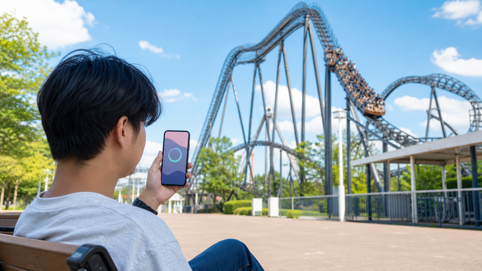 A visitor checking an unlabeled progress ring on a smartphone beside a roller coaster