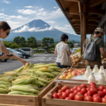 Travelers browsing local summer produce at an outdoor market near Mount Fuji