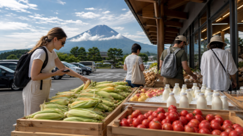Travelers browsing local summer produce at an outdoor market near Mount Fuji