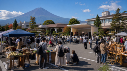 Text-free community market and small performance stage in a civic parking area near snow-free Mount Fuji