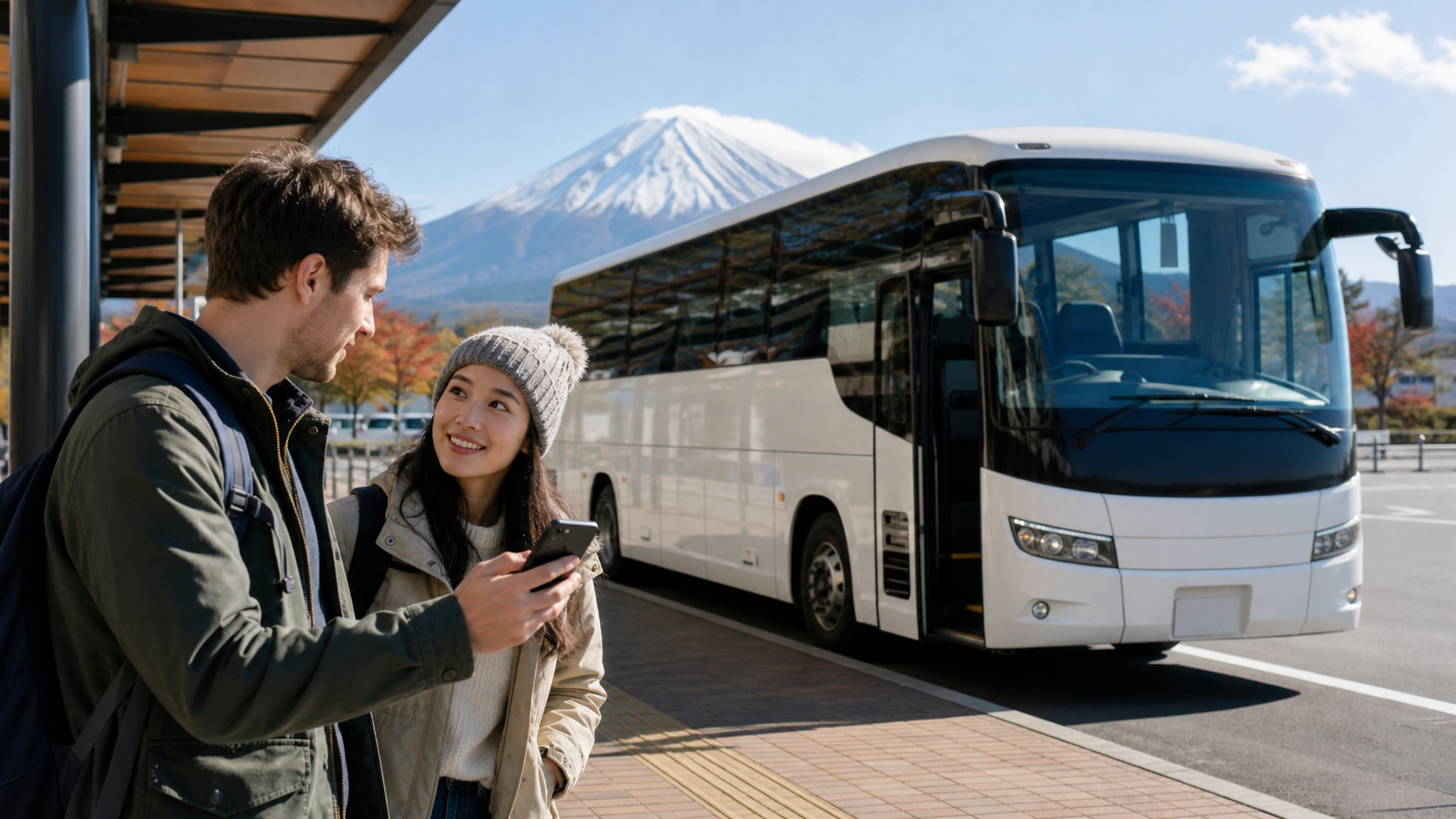Travelers checking an online reservation beside an unbranded highway bus near Mount Fuji