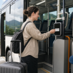 Text-free traveler tapping a blank transit card while boarding a local bus with compact luggage