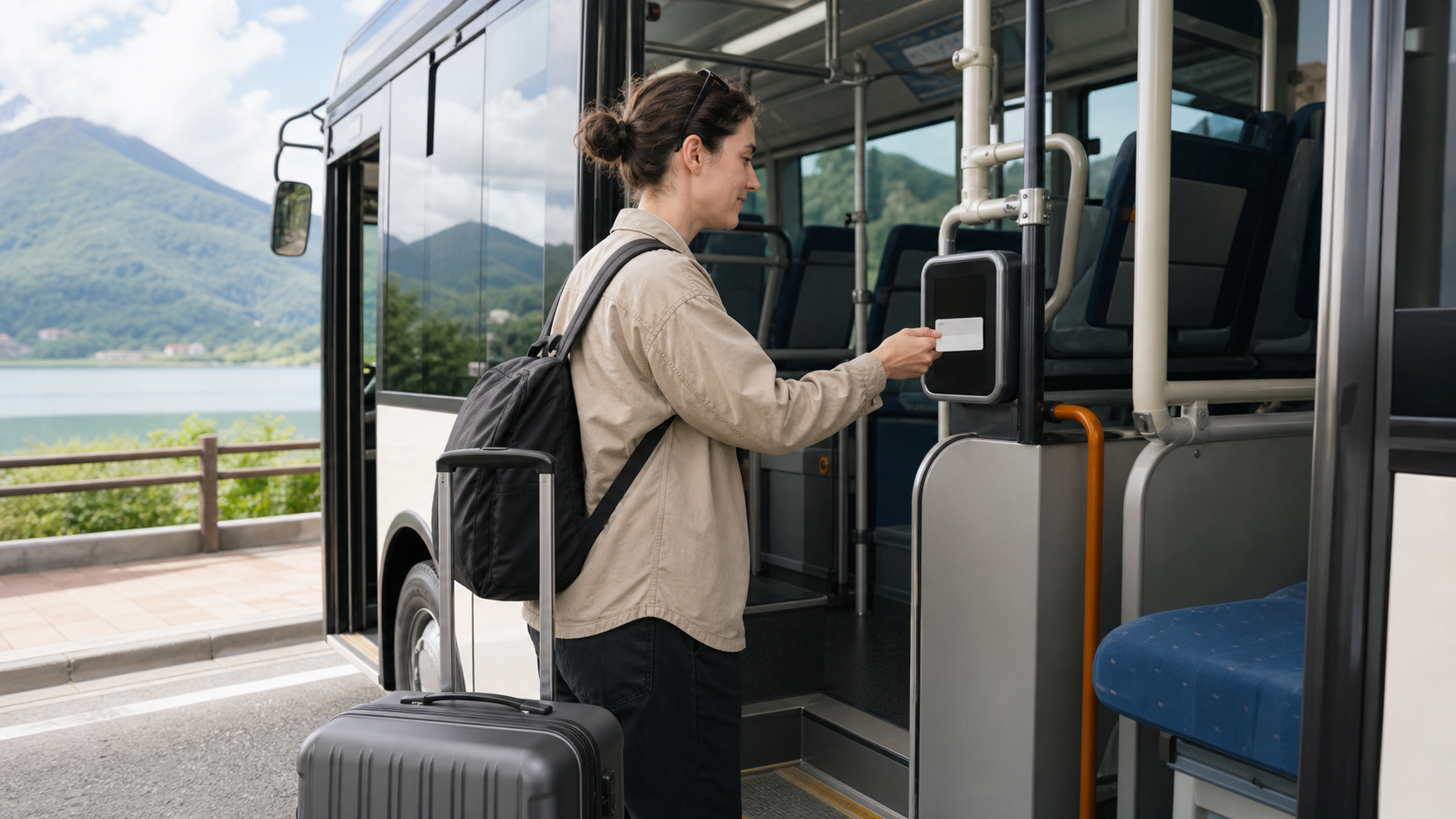 Text-free traveler tapping a blank transit card while boarding a local bus with compact luggage