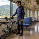 Traveler safely holding a secured bicycle inside a text-free Japanese local train carriage in the Fuji foothills