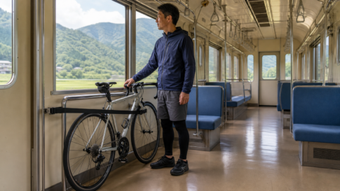Traveler safely holding a secured bicycle inside a text-free Japanese local train carriage in the Fuji foothills
