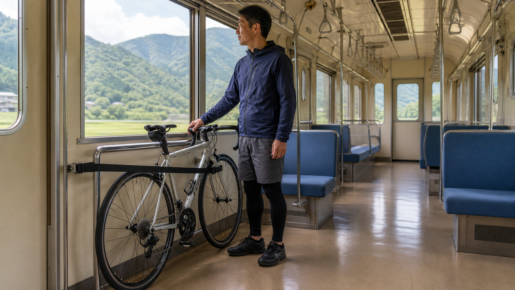 Traveler safely holding a secured bicycle inside a text-free Japanese local train carriage in the Fuji foothills