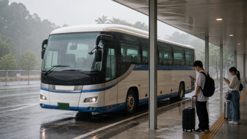 Travelers checking bus information under a covered terminal while heavy rain falls
