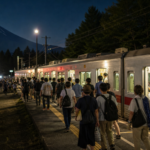 Visitors leaving an outdoor concert and boarding an unbranded silver local train near Mount Fuji at night
