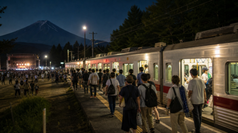 Visitors leaving an outdoor concert and boarding an unbranded silver local train near Mount Fuji at night