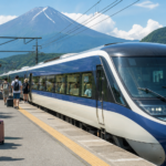 Travelers waiting with luggage beside an unbranded limited express train near Mount Fuji