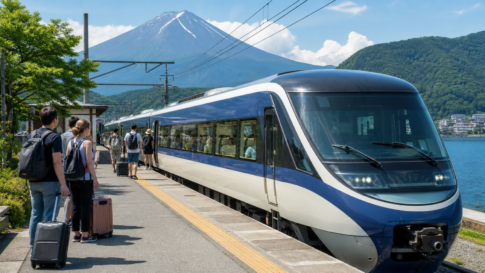 Travelers waiting with luggage beside an unbranded limited express train near Mount Fuji