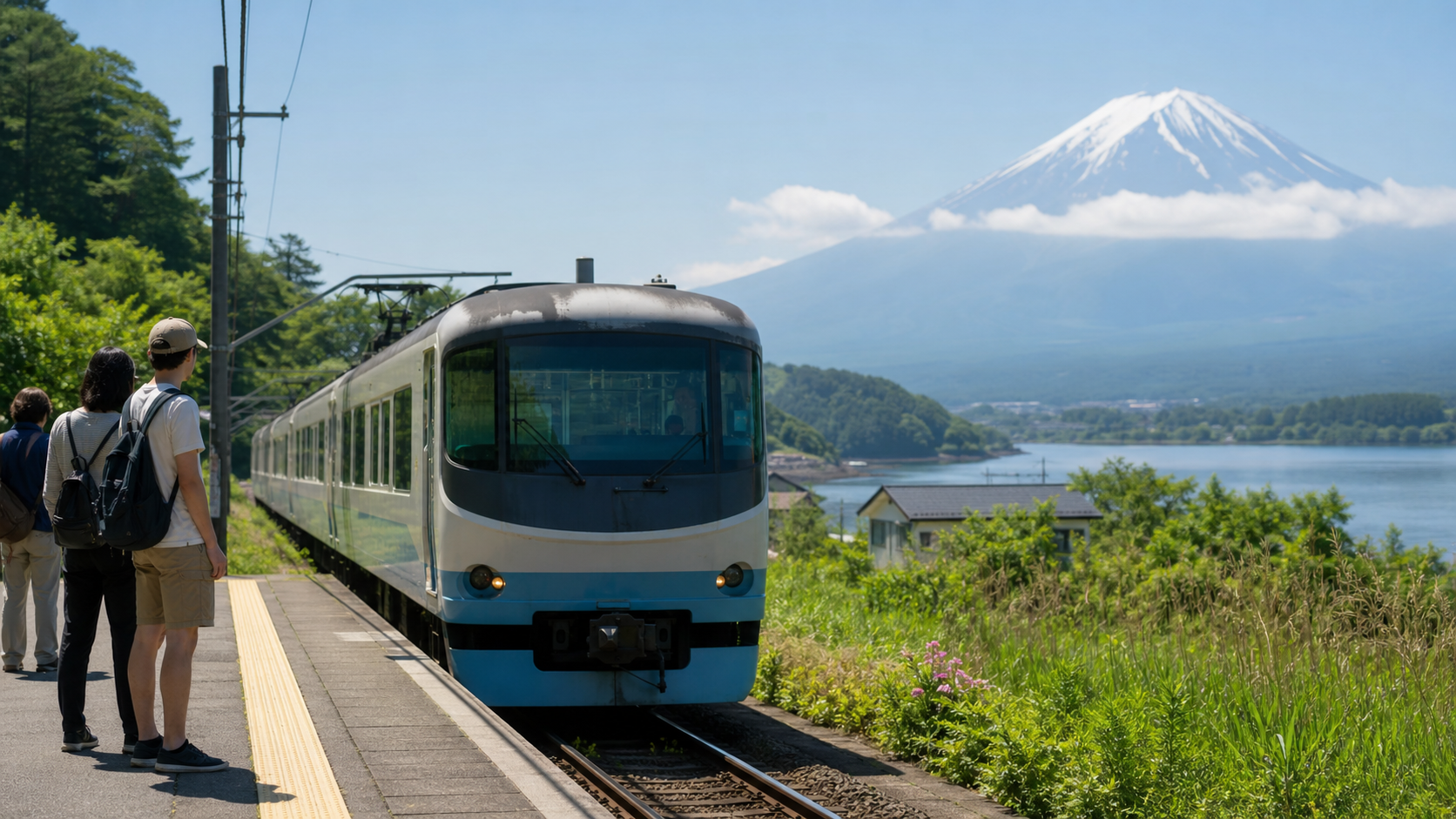 Travelers waiting for an unbranded local train with Mount Fuji and a lake in the background