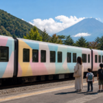 Text-free pastel-decorated local train beside a family platform near snow-free Mount Fuji