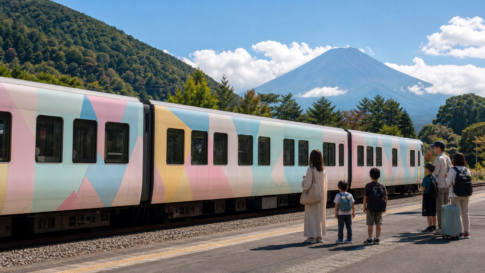 Text-free pastel-decorated local train beside a family platform near snow-free Mount Fuji