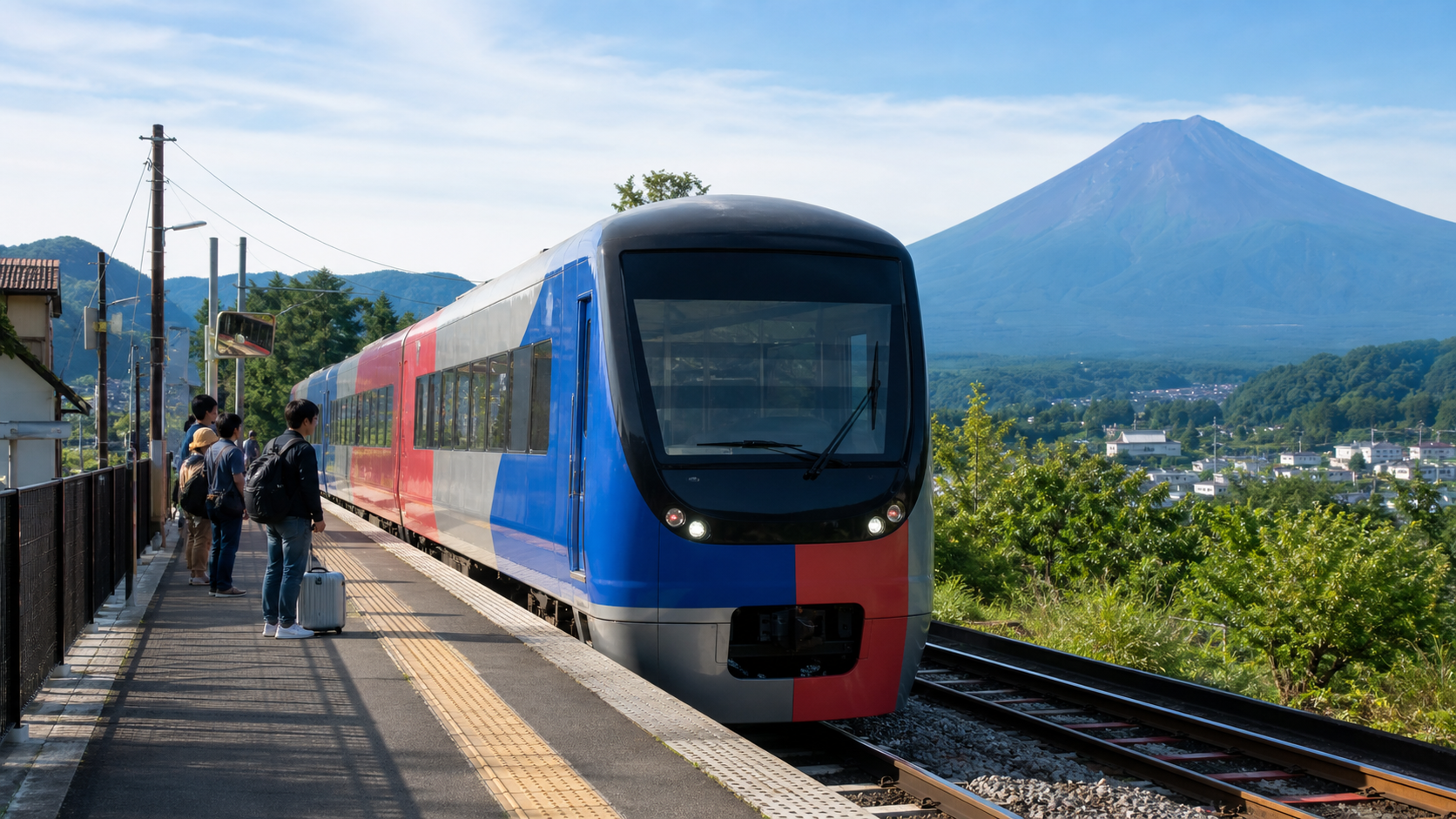 Plain blue and red local train at a rural Mount Fuji foothills station on a clear summer morning