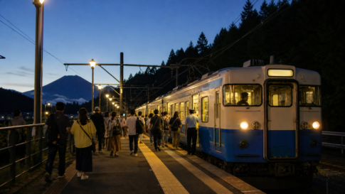 Concert visitors boarding an unbranded blue and white local train at a Mount Fuji foothills station after sunset