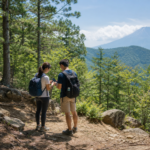 Hikers checking a phone map on a forest trail with Mount Fuji in the distance