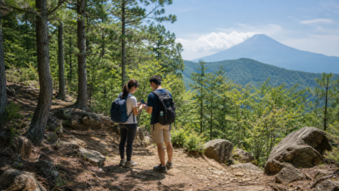 Hikers checking a phone map on a forest trail with Mount Fuji in the distance