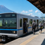 Travelers boarding an unbranded local replacement train near Mount Fuji