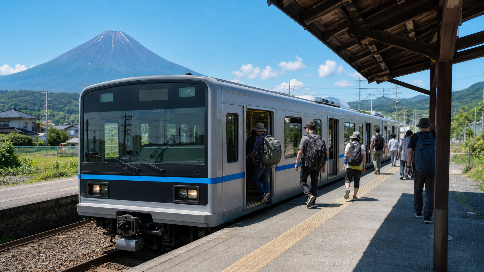 Travelers boarding an unbranded local replacement train near Mount Fuji