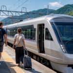 Travelers with luggage approaching a text-free local limited express at a Japanese mountain railway platform