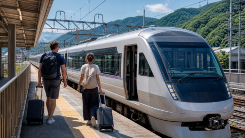 Travelers with luggage approaching a text-free local limited express at a Japanese mountain railway platform