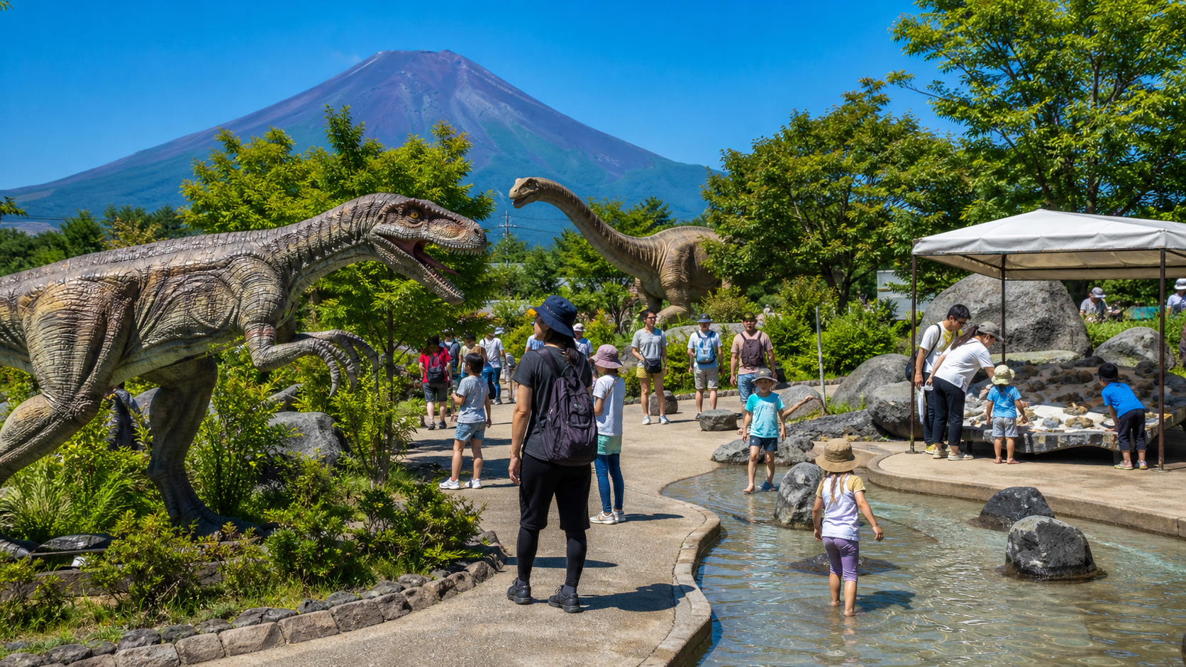 Families viewing robot dinosaurs and a shallow water area near Mount Fuji