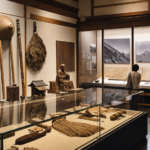 Museum gallery with historic Mount Fuji climbing staffs maps and photographs